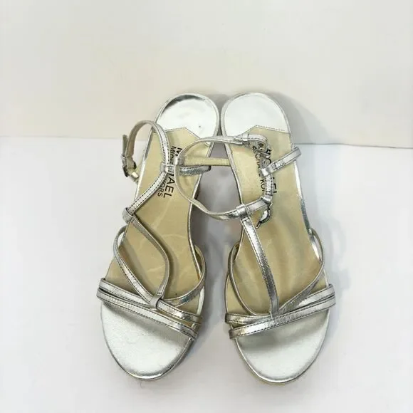 Michael Kors Metallic Espadrille Wedge Sandals Silver Strappy Womens - Picture 3 of 6